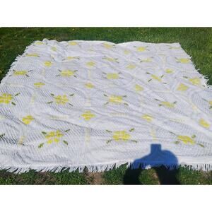 Vintage White Chenille Bedspread with Yellow Daisies & Green Leaves 96" X 90"